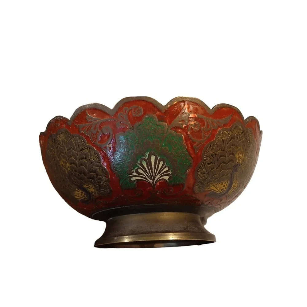 Solid Enameled Brass Peacock Bird Vintage Pedestal Decorative Bowl 6.5